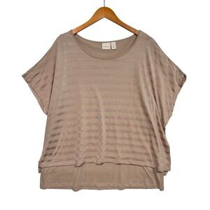 Chicos Top Womens 3 Taupe Layered Stripe Metallic Knit Dolman Casual Plus